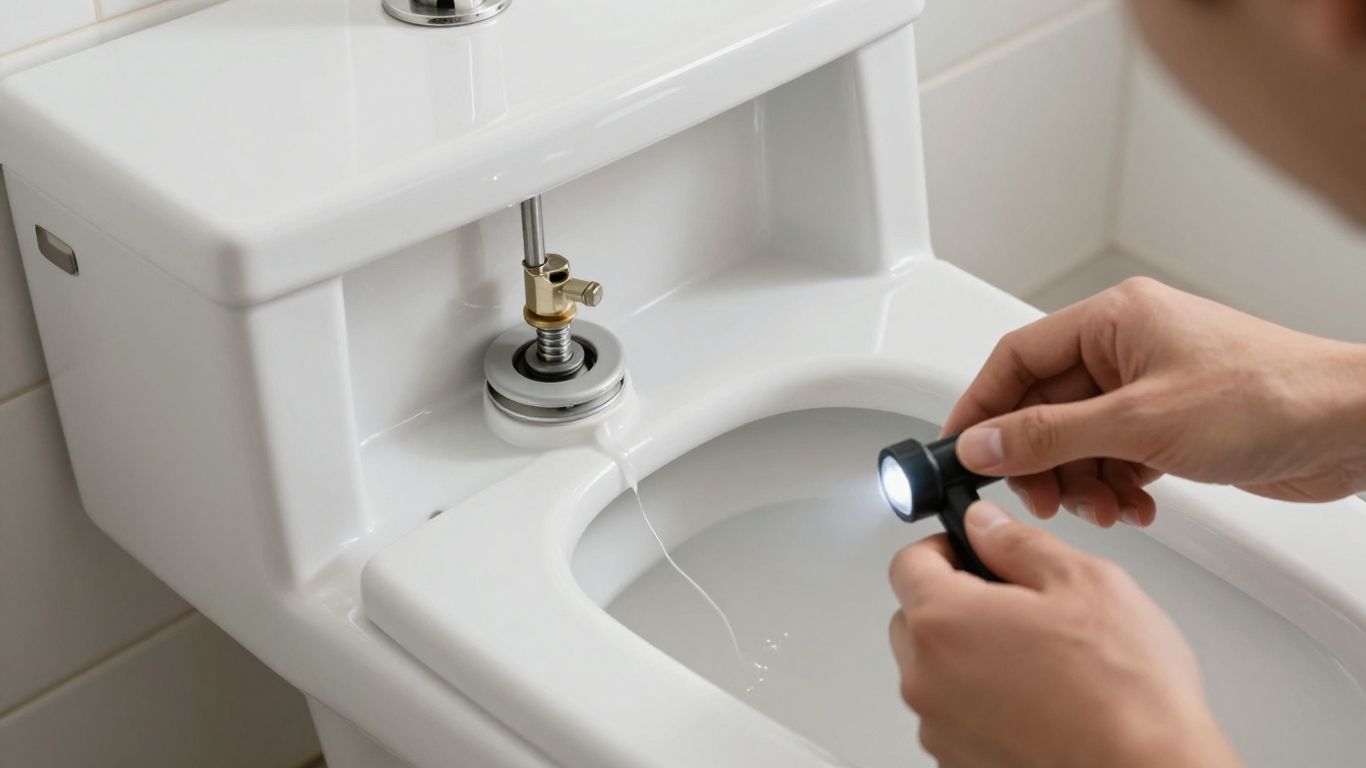 Close view of toilet tank components during inspection