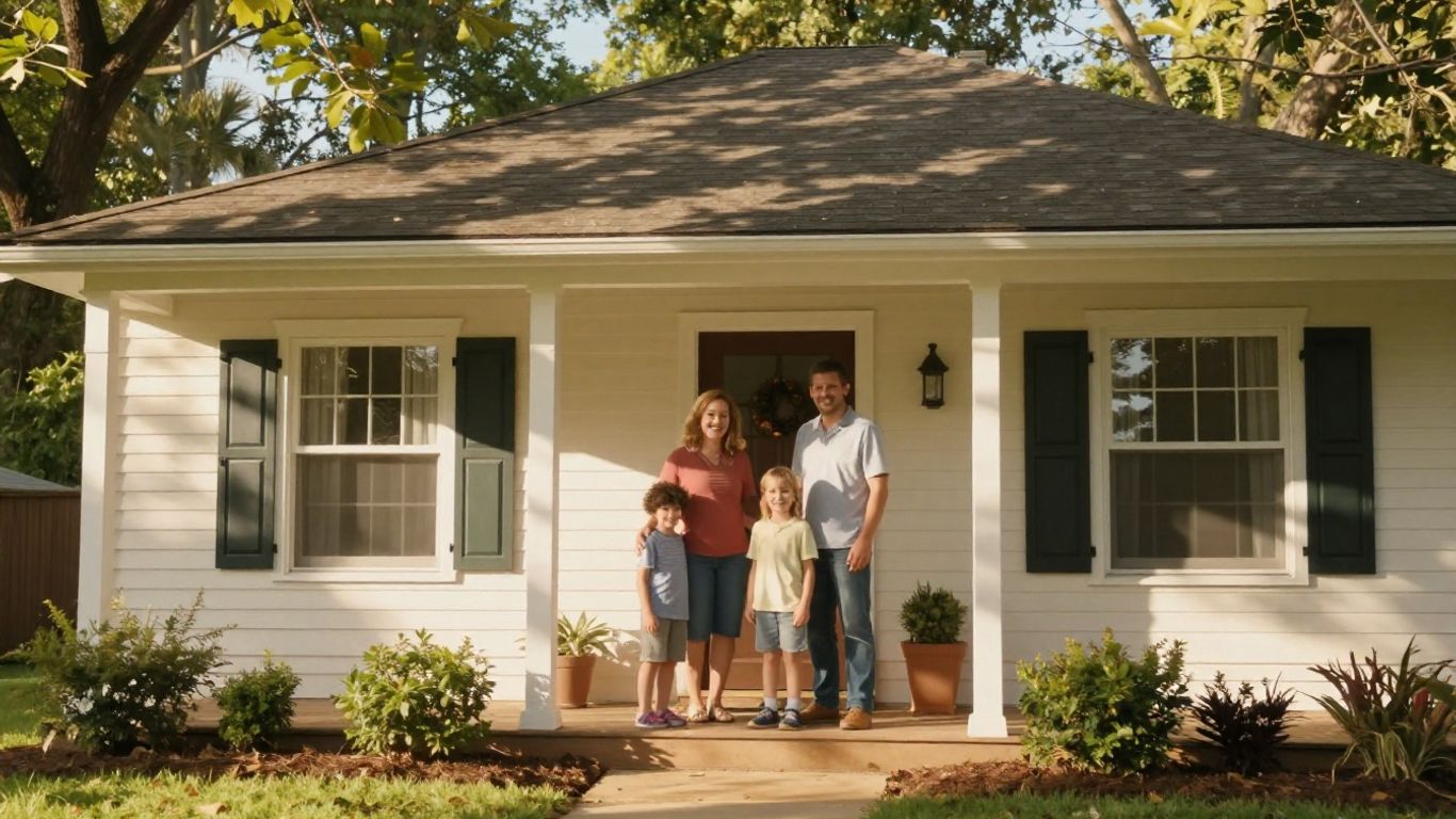 Familia sonriendo frente a una casa acogedora.
