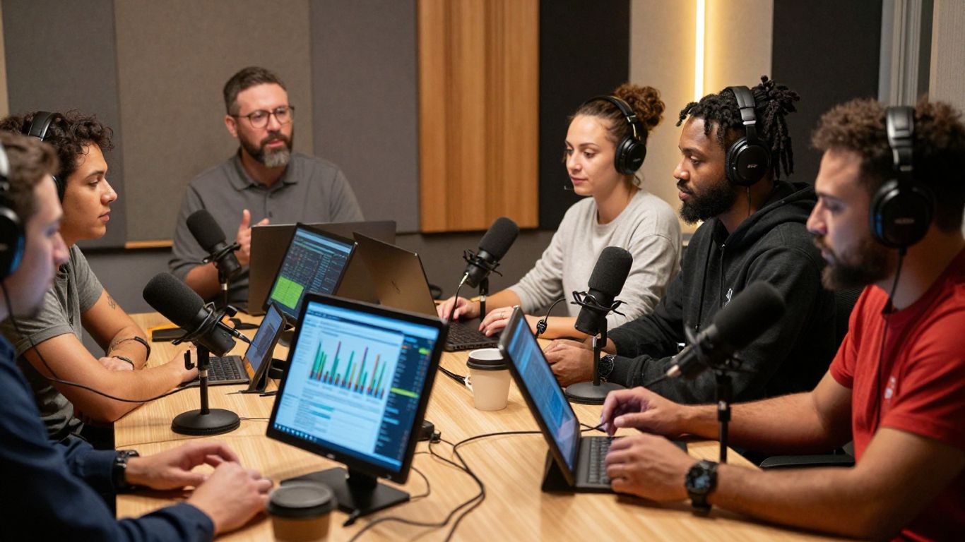 A diverse group of podcasters monitoring engagement metrics on screens