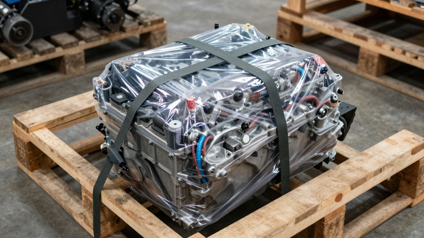 A secure engine on a sturdy wooden shipping crate