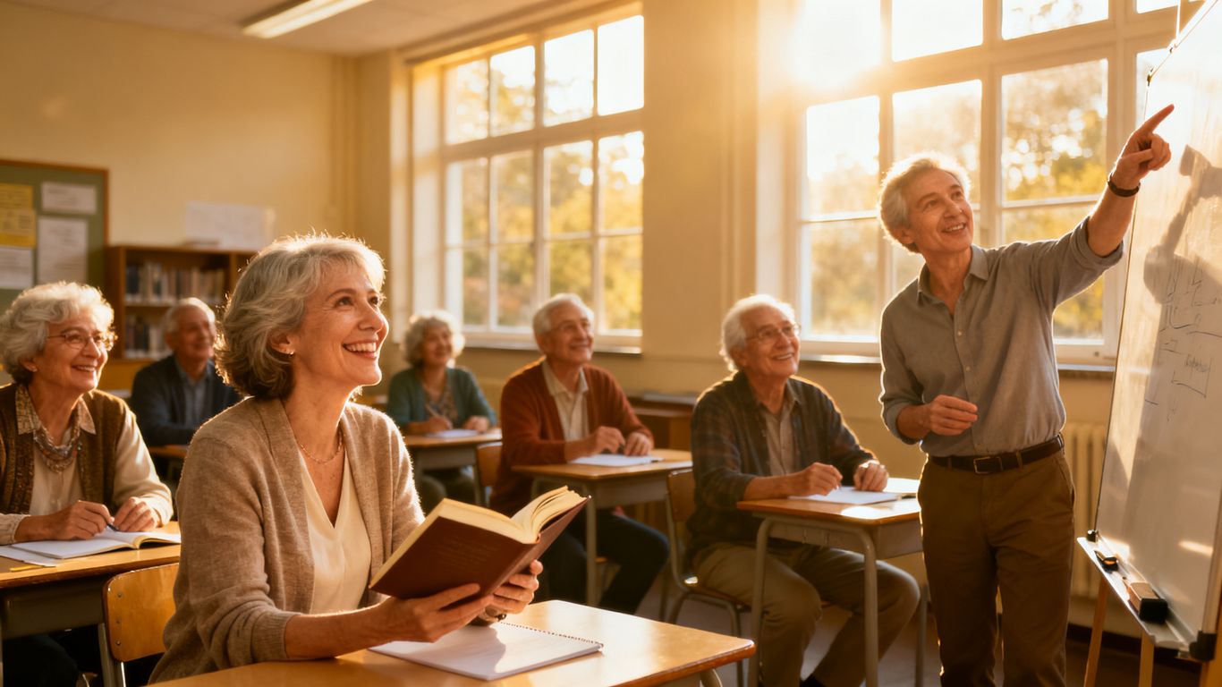 Older adults learning English in a bright classroom.