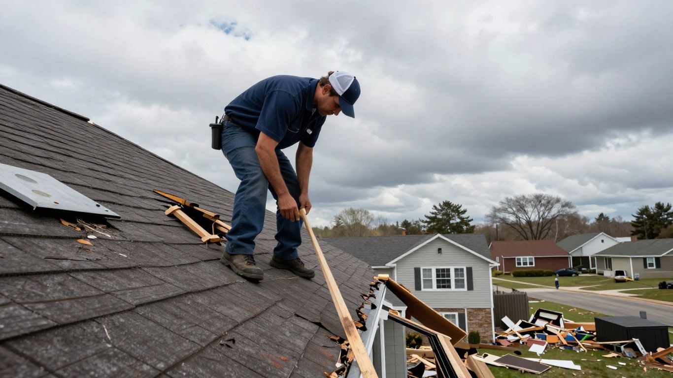 Local roofer inspects storm-damaged home roof