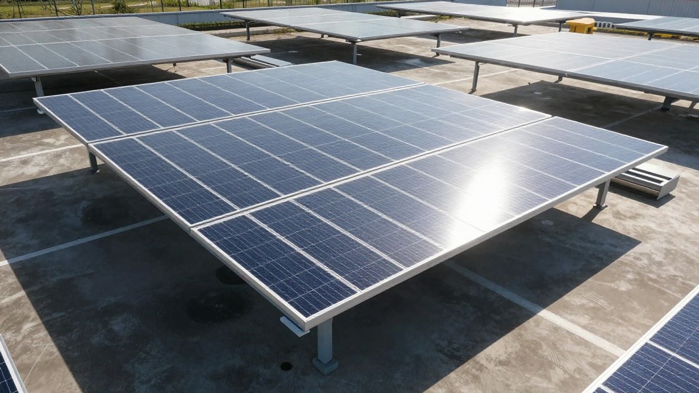 Ombrière solaire moderne avec panneaux photovoltaïques sur un toit.