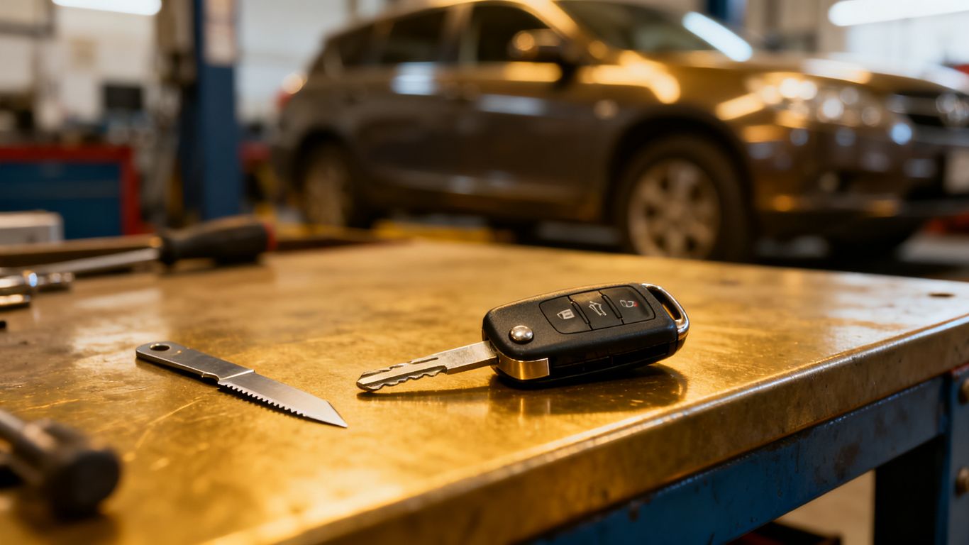 A replacement key fob and metal blade on a workbench