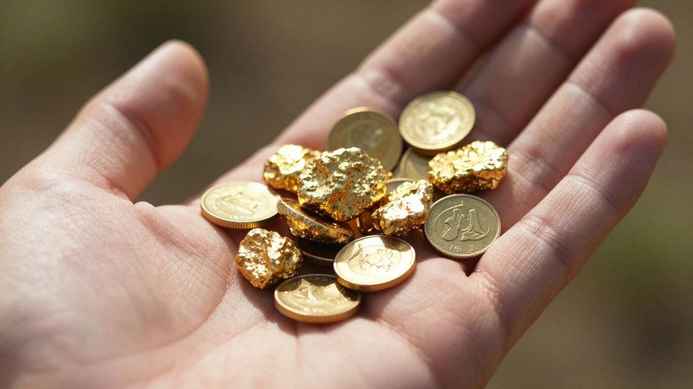 一只金色的手，手中握着金块和金币。
