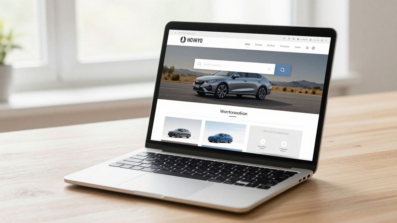 Ein moderner Laptop zeigt eine professionelle Online-Fahrzeugsuche auf einem helle Schreibtisch mit Kaffee