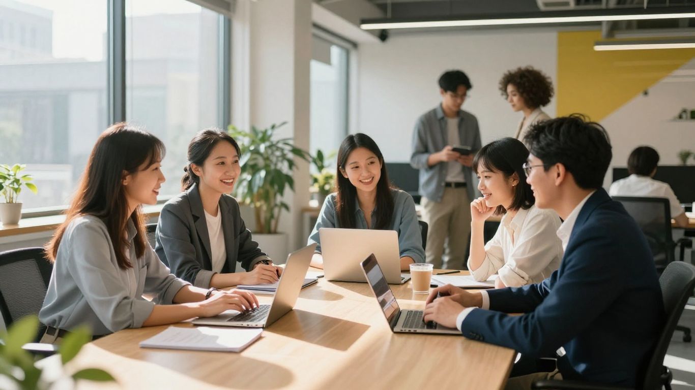 Team collaborating in a bright, modern office.