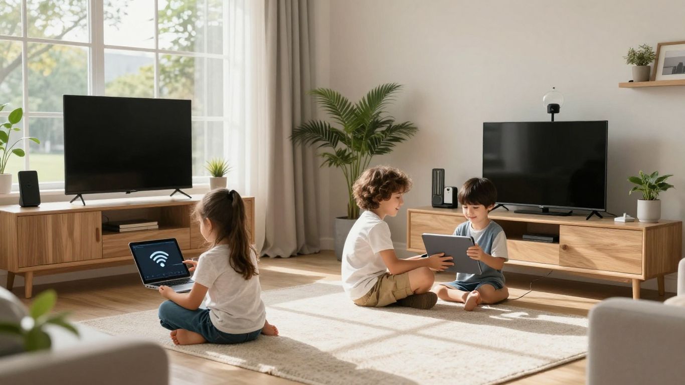 Família conectada em casa com internet Wi-Fi residencial.