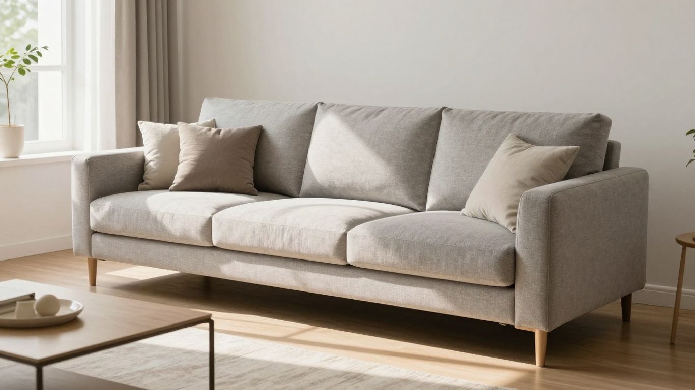 Durable couch in a sunlit, modern Airbnb living room.