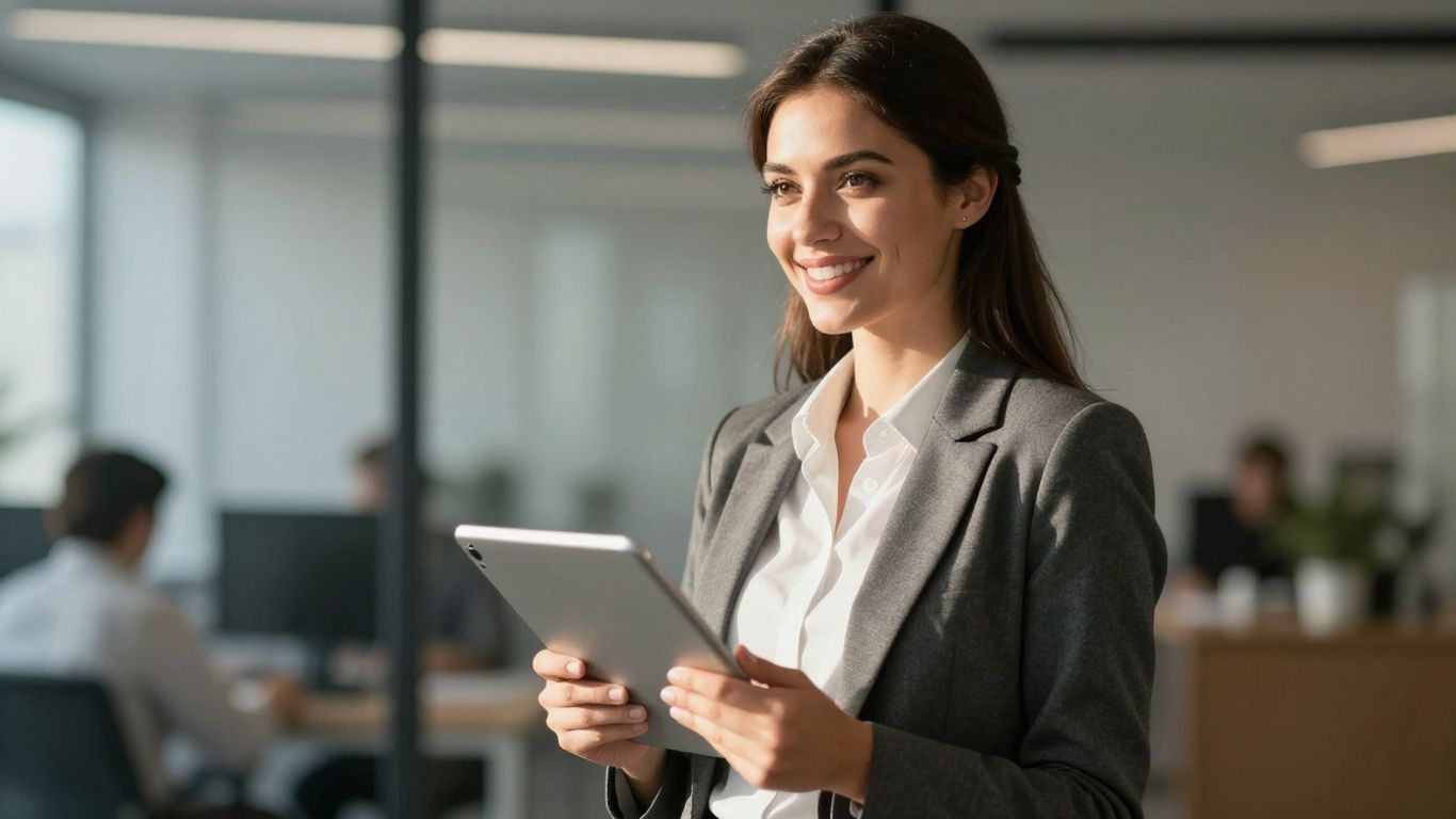 Woman entrepreneur smiling, holding a tablet in an office.