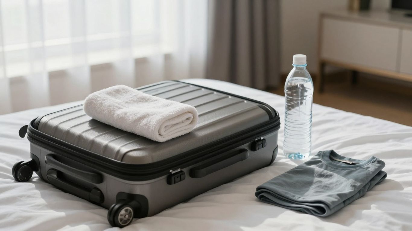Foldable yoga mat packed beside travel essentials