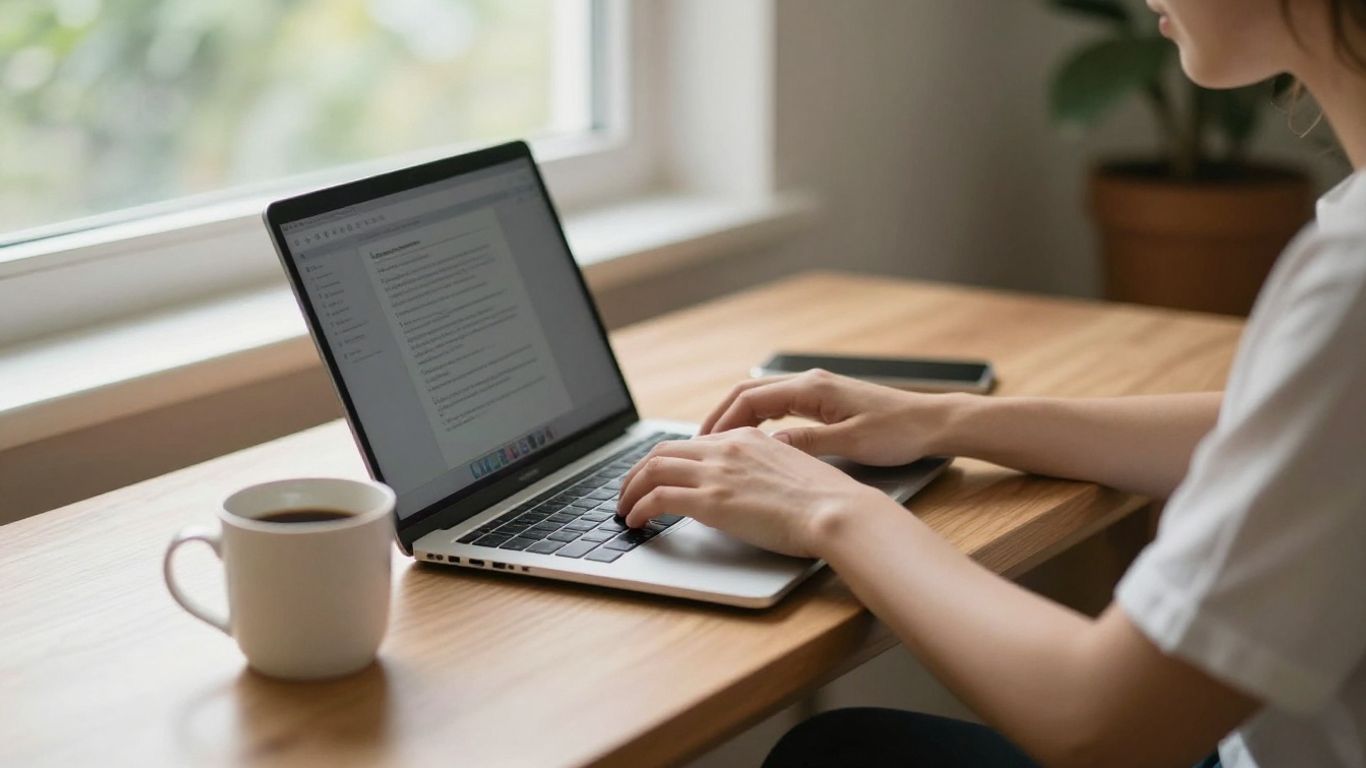 Person working on laptop at home in Australia.