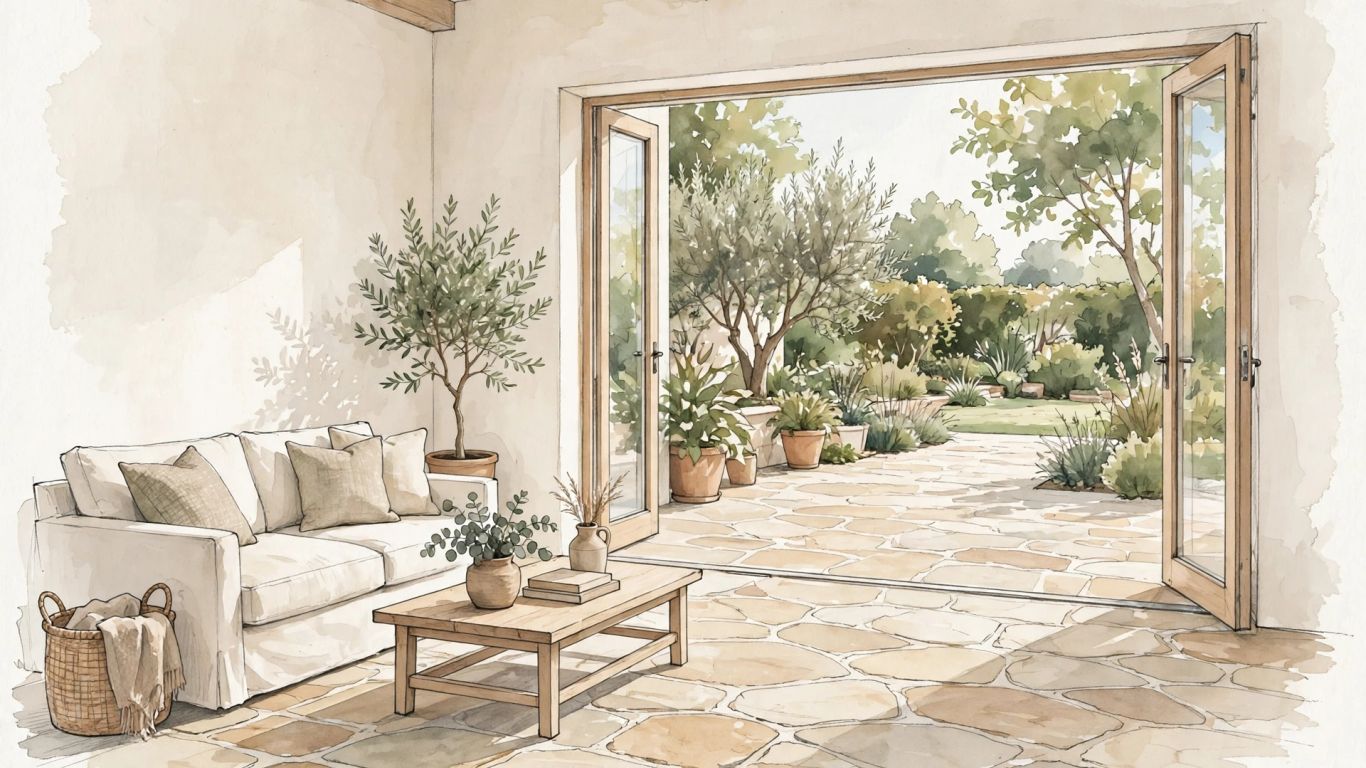 Warm natural stone flooring in a connected interior