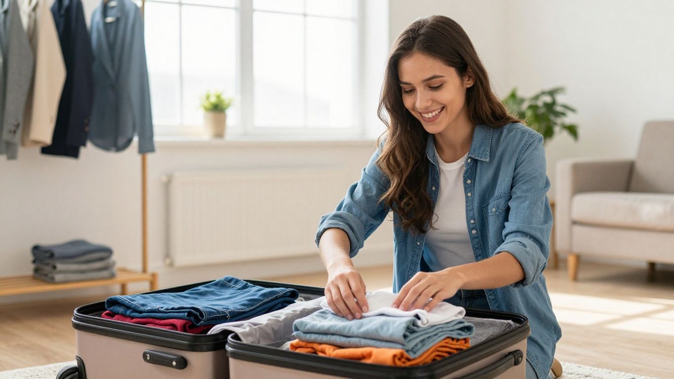 A traveler smiling while packing a suitcase
