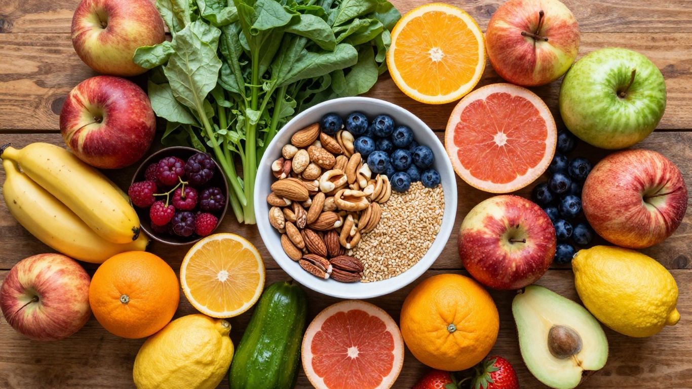 Colorful assortment of healthy foods like fruits, vegetables, and nuts.