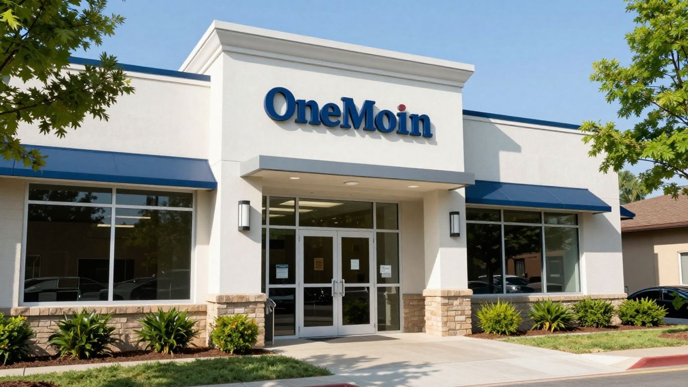 OneMain Financial branch exterior with landscaping.