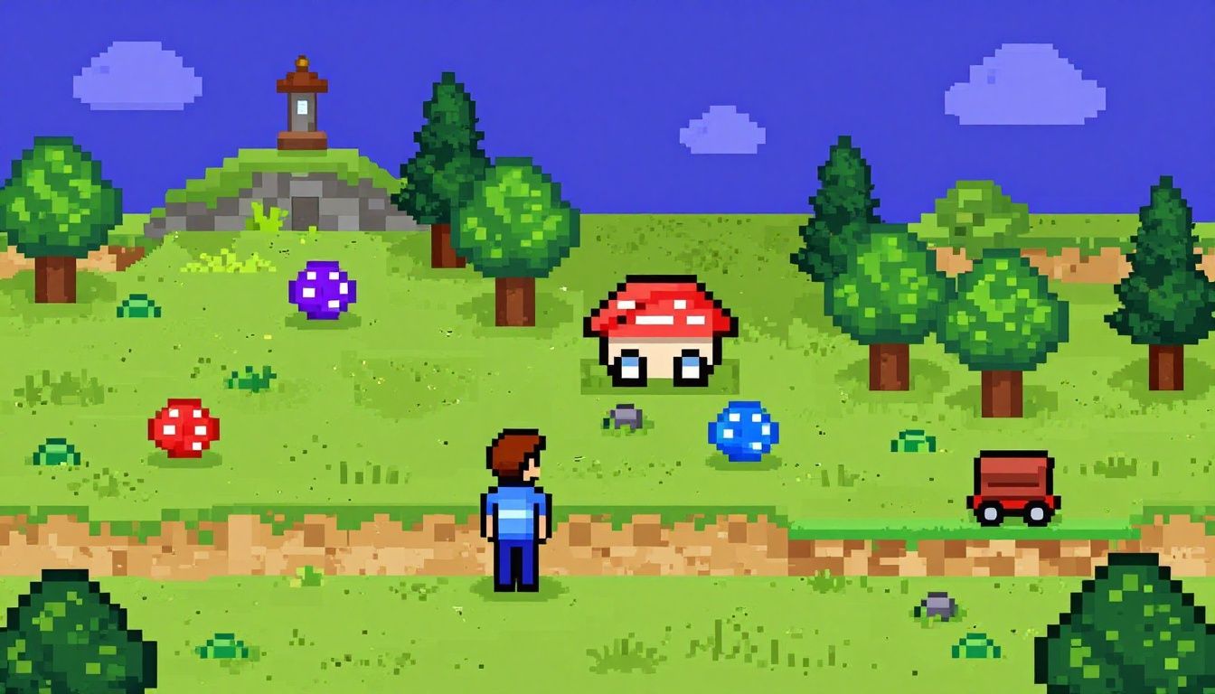 Cena de um jogo indie de plataforma em uma montanha pixelada, com uma personagem explorando uma paisagem colorida e desafiadora
