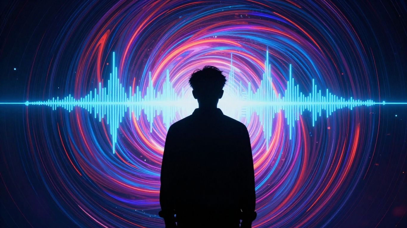 Musician silhouette against abstract AI-generated visual art.