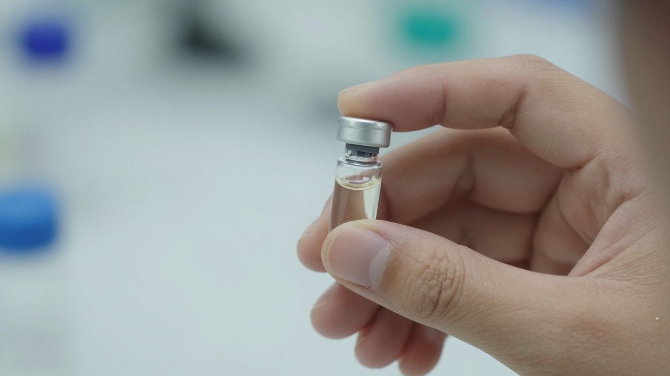 Person holding a vial of liquid, research background.