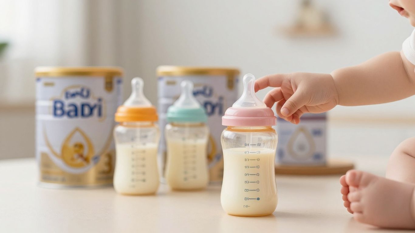 Latas de leche de fórmula y biberones para bebés.