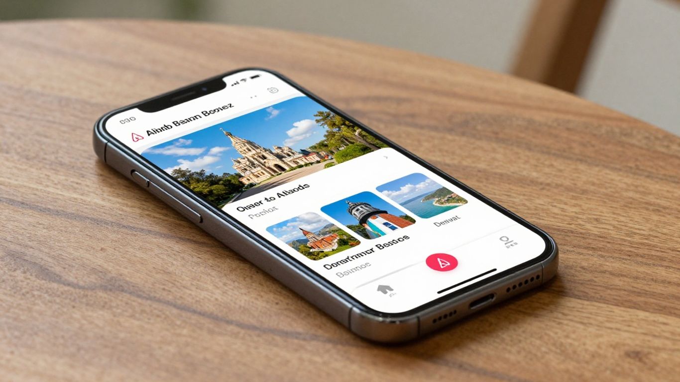 Smartphone displaying an Airbnb guidebook app with travel photos.