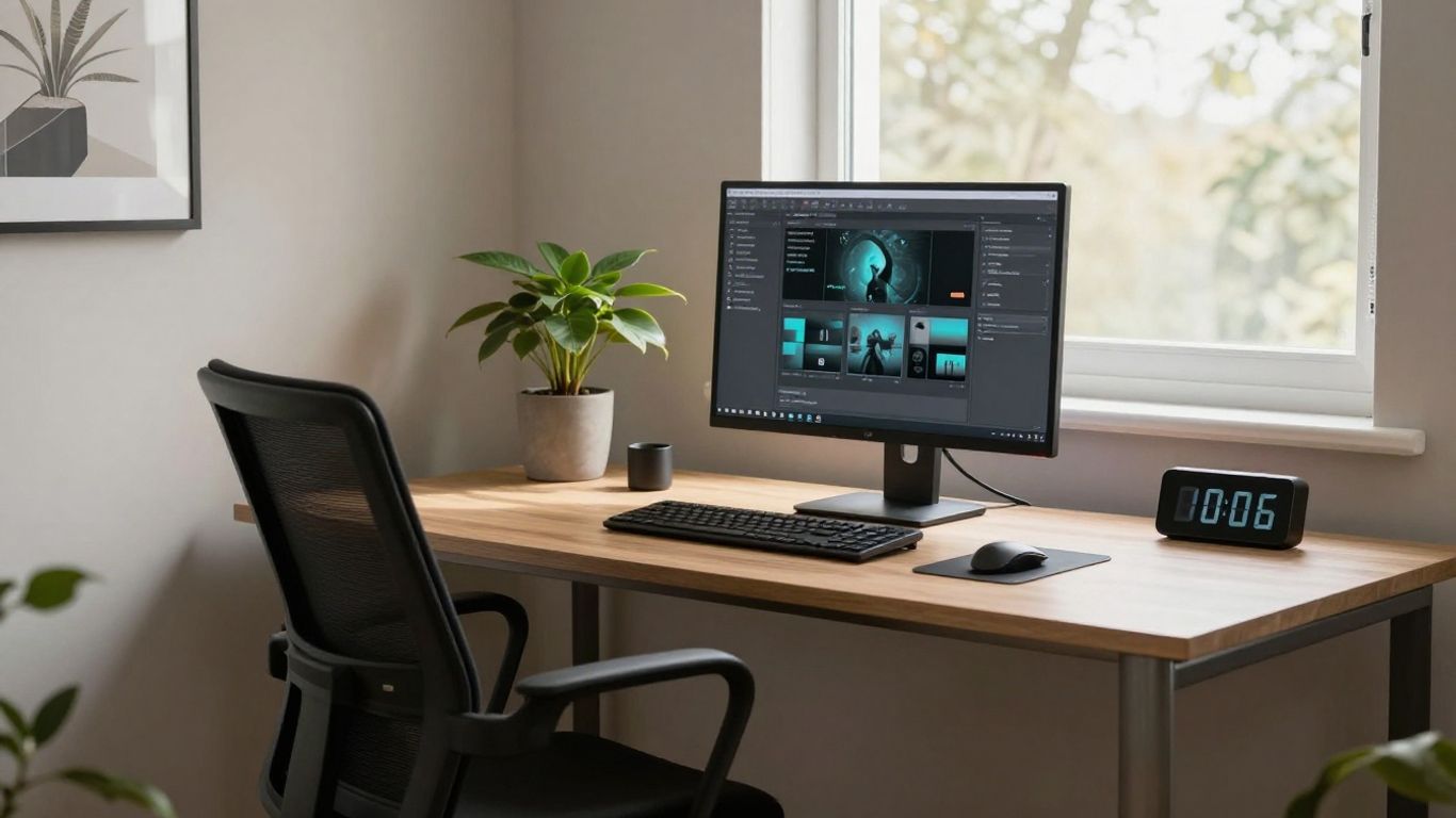 A futuristic workspace with digital displays