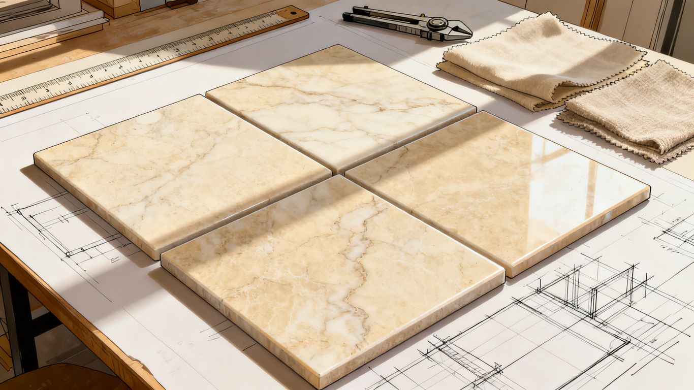 Crema Marfil tile samples in warm interior
