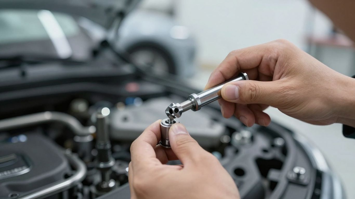 Mechanic inspects control arm assembly