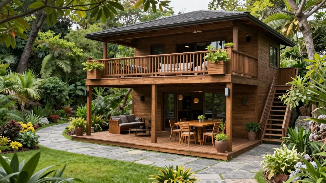 Multi-level deck design integrated with a sloped backyard landscape.