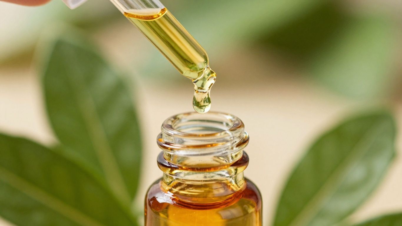 Pure essential oil droplets falling into a vial with botanicals.