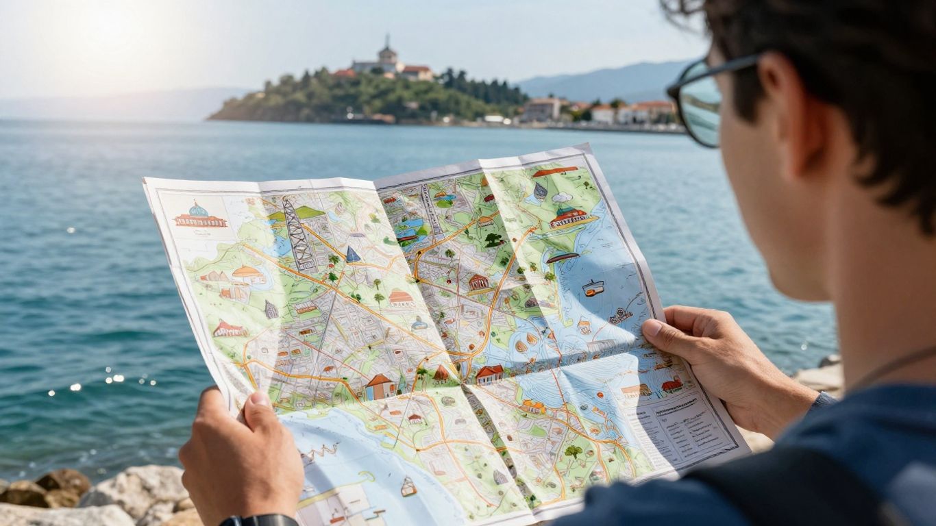 Person planning a trip with landmarks in background.