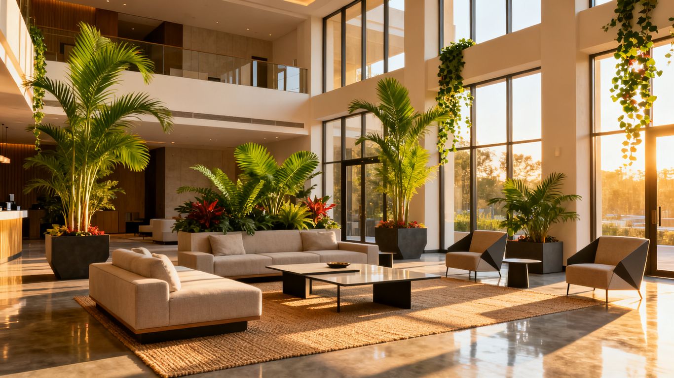Facade accueillante d'une chaine hoteliere ensoleillée