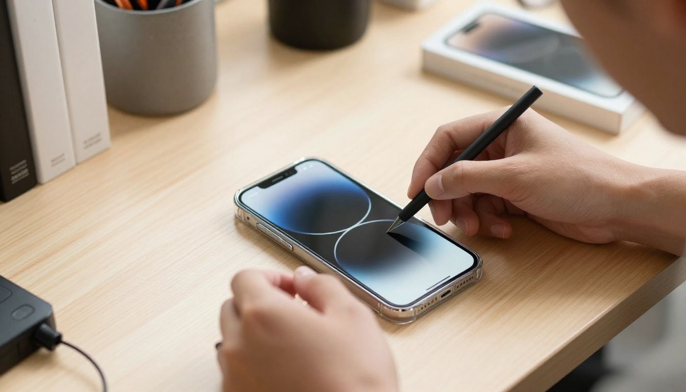 A person carefully putting a new, clear case on their iPhone 15, with a sunlit desk in the background.