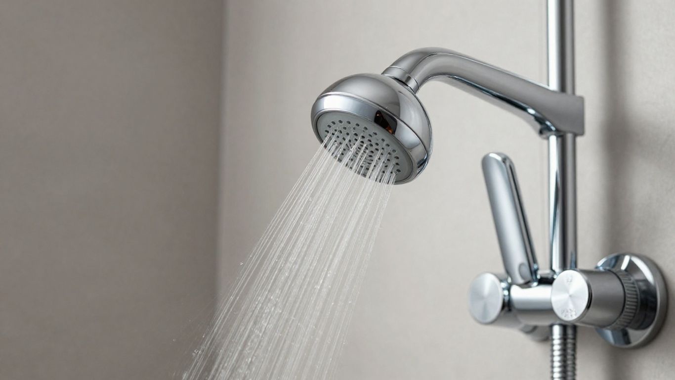 Modern thermostatic shower set with running water.