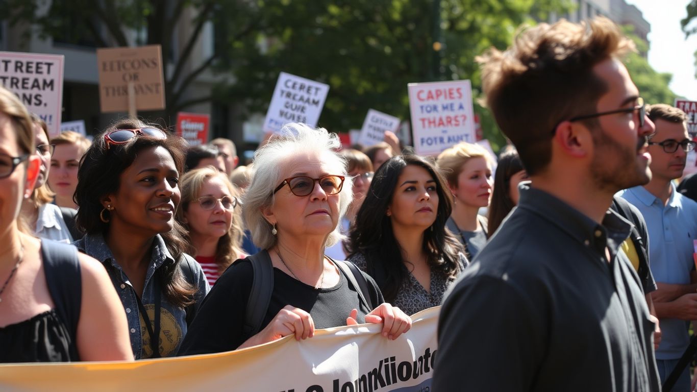 Oameni discutând în aer liber, unii cu pancarte.