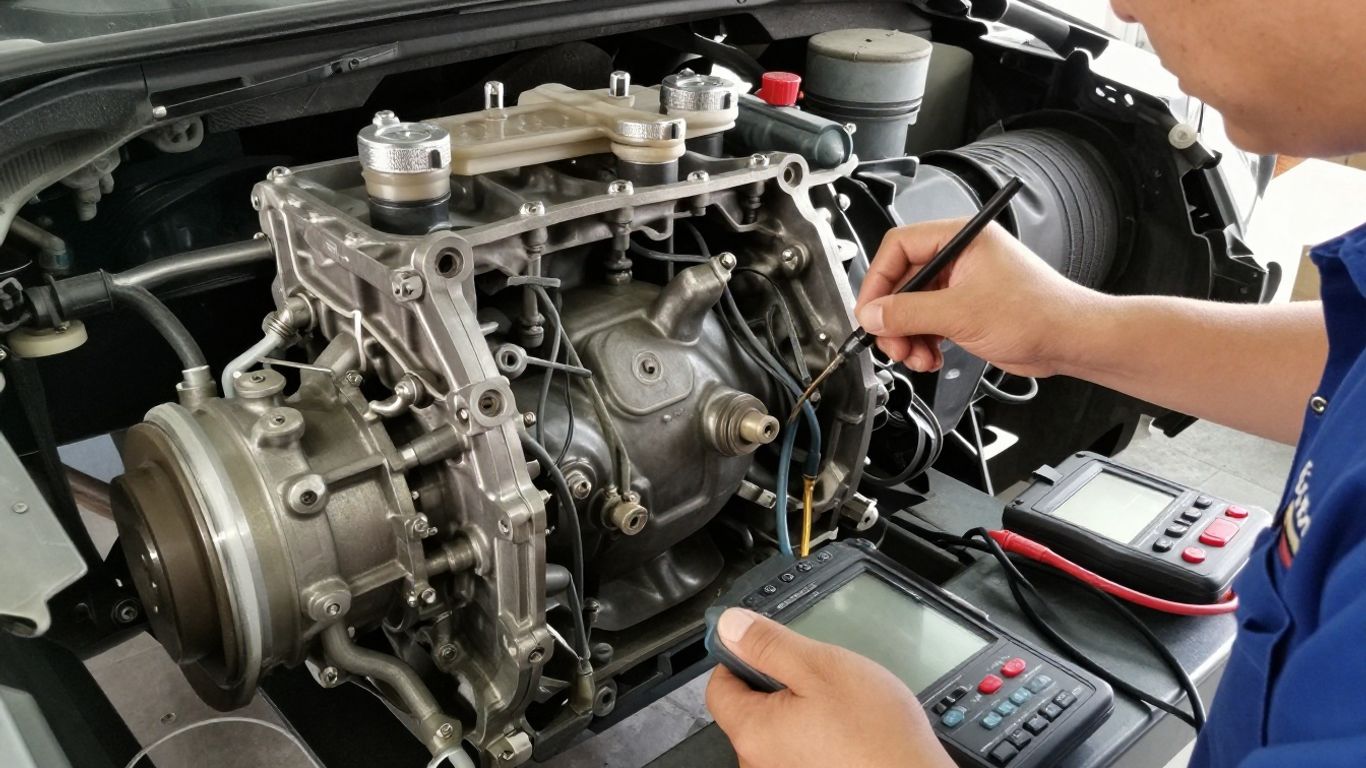 Technician inspecting vehicle transmission underneath lift