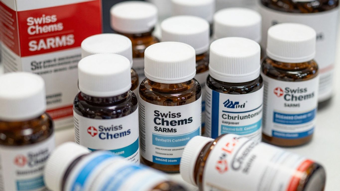Swiss Chems SARMs product bottles arranged neatly.