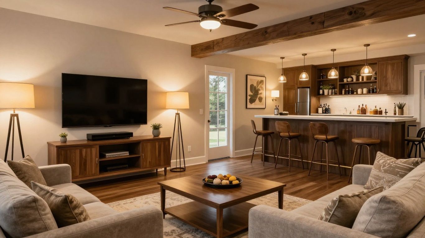 Remodeled basement living area with bar and entertainment center.