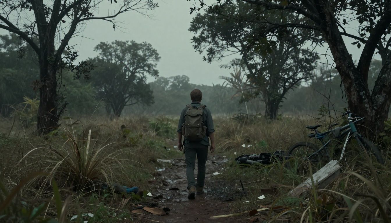 Um explorador solitário enfrentando uma tempestade em um ambiente hostil de um jogo de sobrevivência