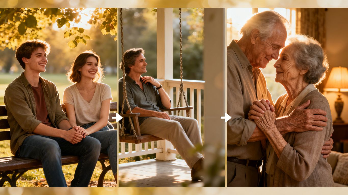 Couples at different life stages sharing romantic moments.