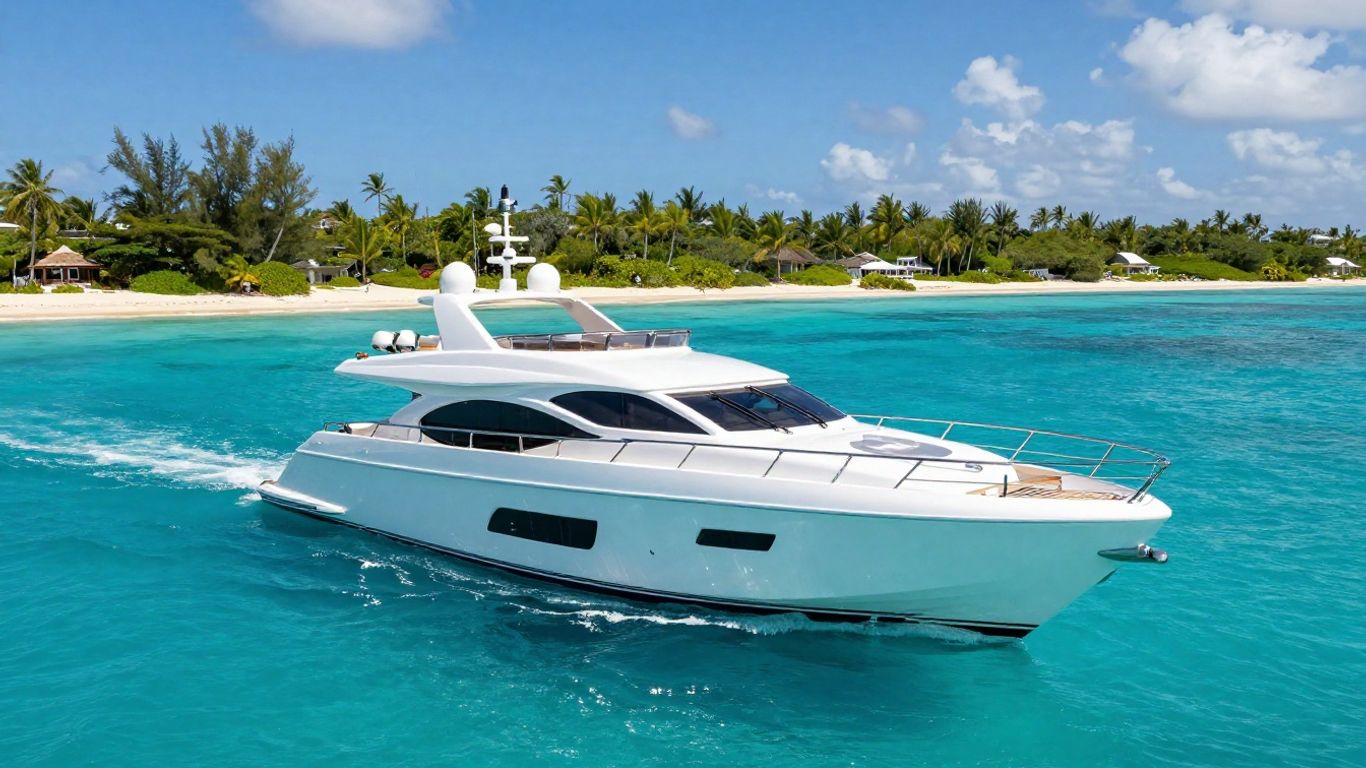Superyacht sailing in clear turquoise Bahamian waters.
