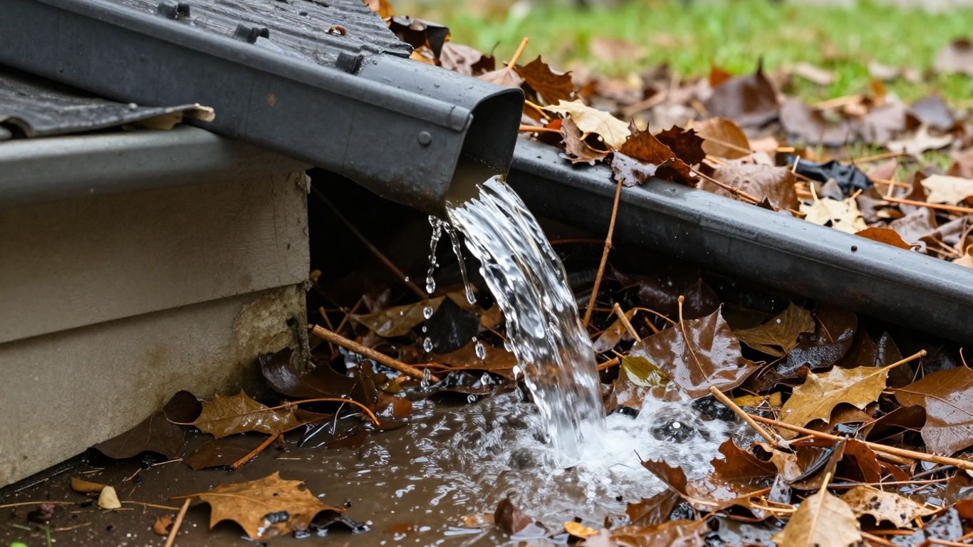 Overflowing house gutter with water and debris.