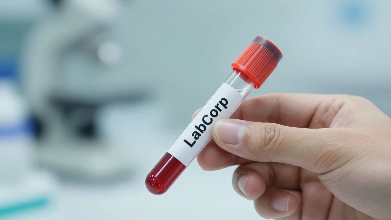 Labcorp test tube held in hand, medical lab background.