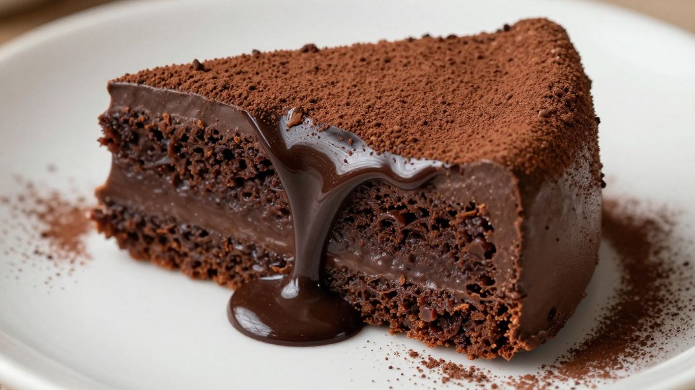 Decadent chocolate fudge cake slice with ganache