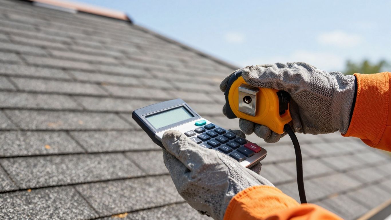 Roofer calculating costs with tape measure on a roof.