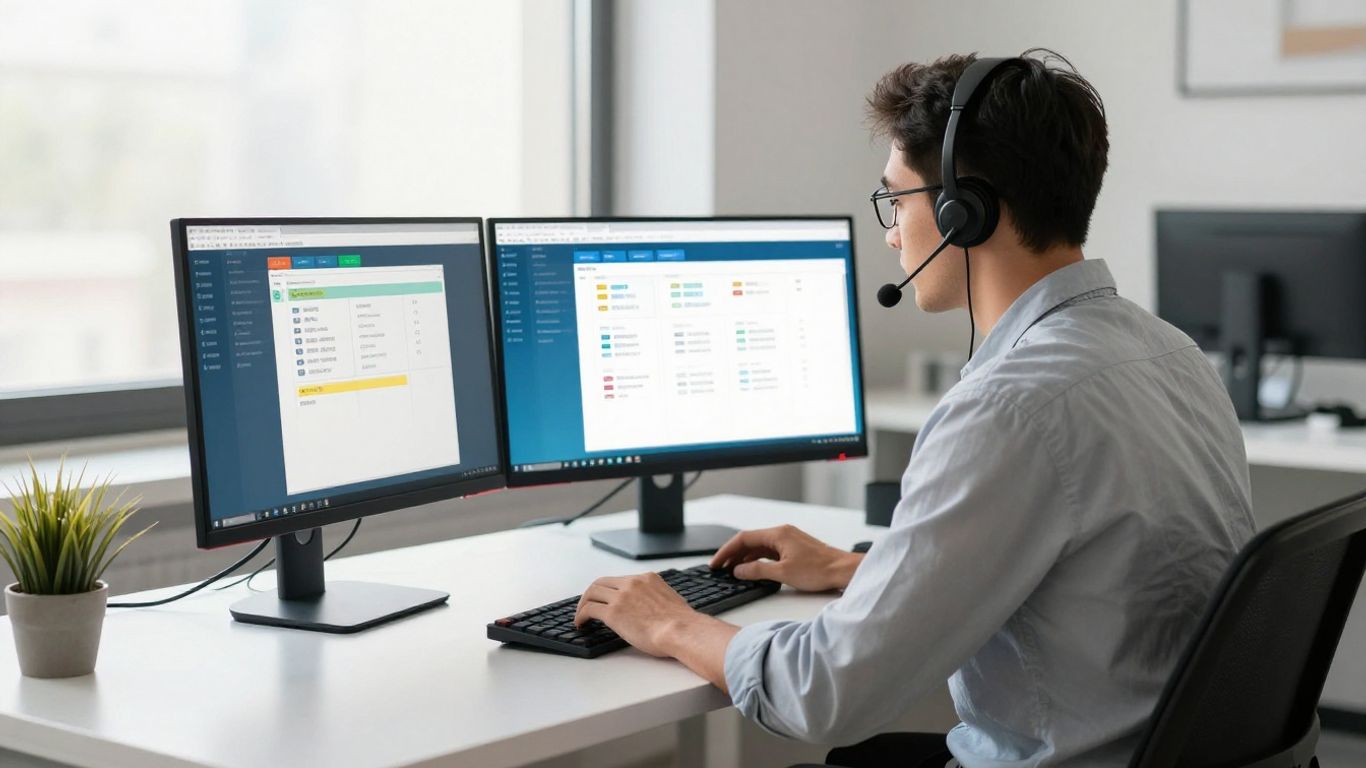 A support representative interacting with a customer on multiple screens