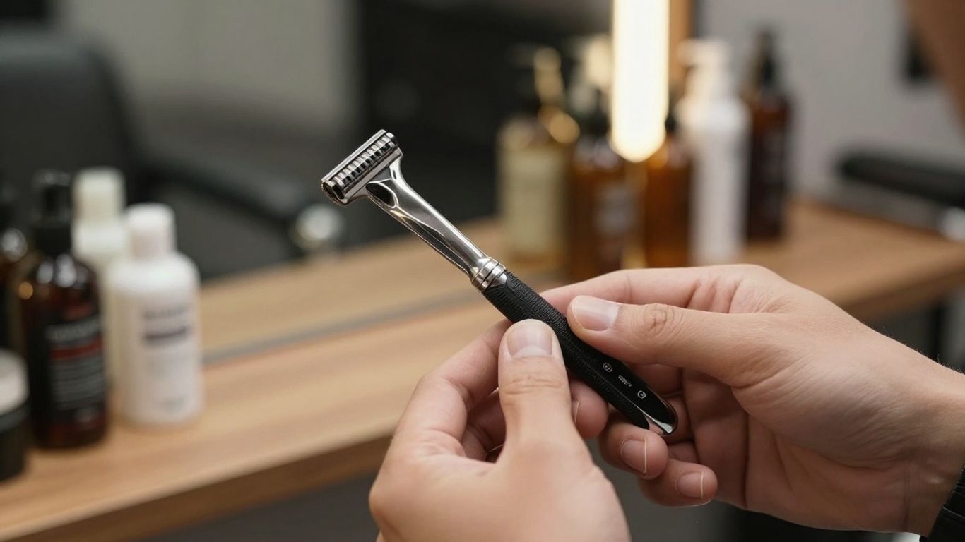 Barber tools and grooming products on a wooden surface.
