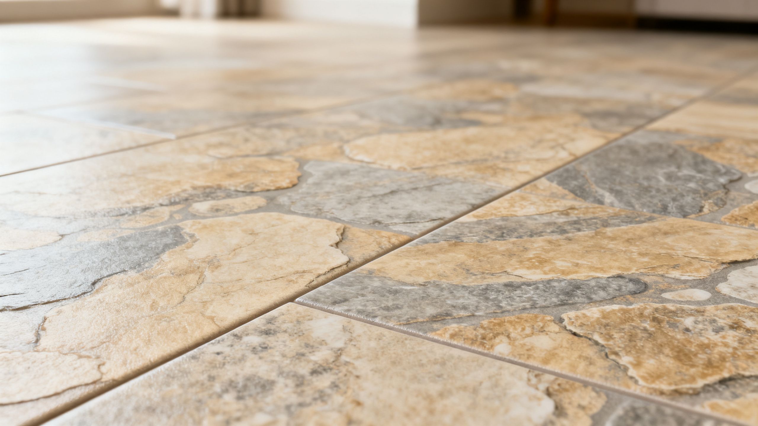 A close-up of a neatly fitted sheet vinyl floor with a realistic stone pattern, clean edges and a soft cushioned finish