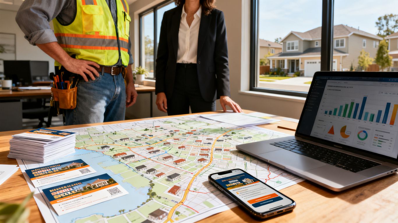 Renovation contractor reviewing neighborhood campaign map