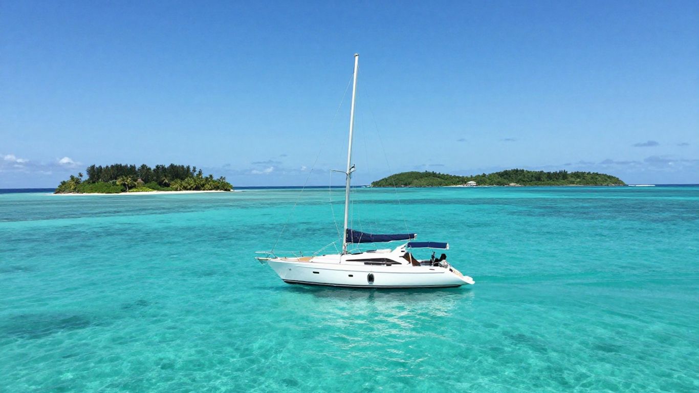 Sailing yacht on turquoise water near tropical islands
